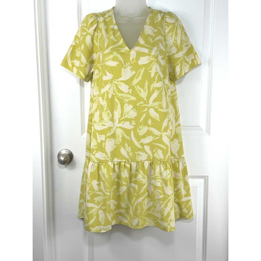 A New Day Women's Leaf‎ Print Tiered Dress Lime Green XS V Neck Short Sleeve